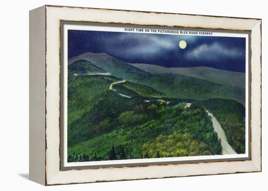 North Carolina - Moonlight Scene on the Picturesque Blue Ridge Parkway-Lantern Press-Framed Stretched Canvas