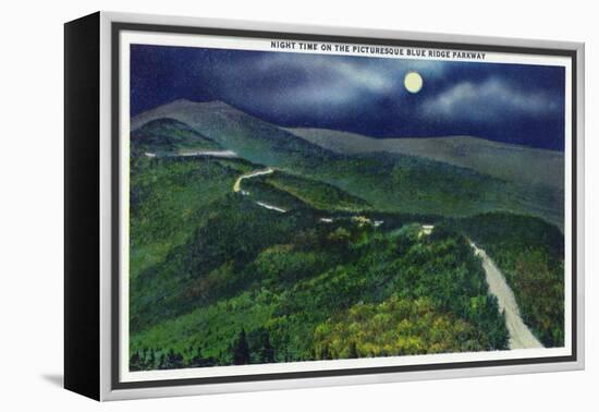 North Carolina - Moonlight Scene on the Picturesque Blue Ridge Parkway-Lantern Press-Framed Stretched Canvas