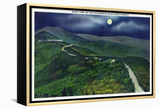 North Carolina - Moonlight Scene on the Picturesque Blue Ridge Parkway-Lantern Press-Framed Stretched Canvas