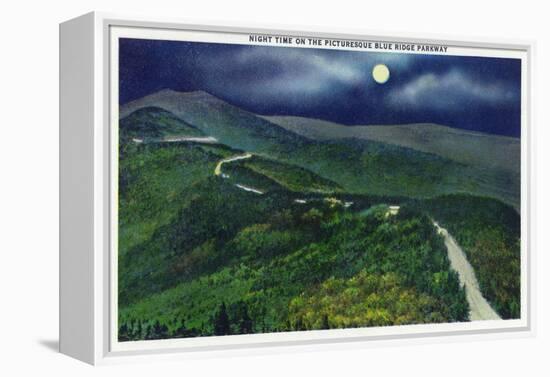 North Carolina - Moonlight Scene on the Picturesque Blue Ridge Parkway-Lantern Press-Framed Stretched Canvas