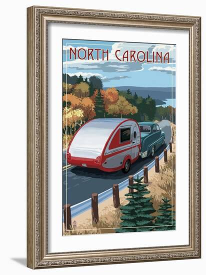 North Carolina - Retro Camper on Road-Lantern Press-Framed Art Print