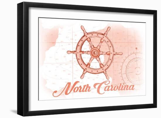 North Carolina - Ship Wheel - Coral - Coastal Icon-Lantern Press-Framed Art Print