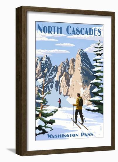 North Cascades, Washington - Cross Country Skiing-Lantern Press-Framed Art Print