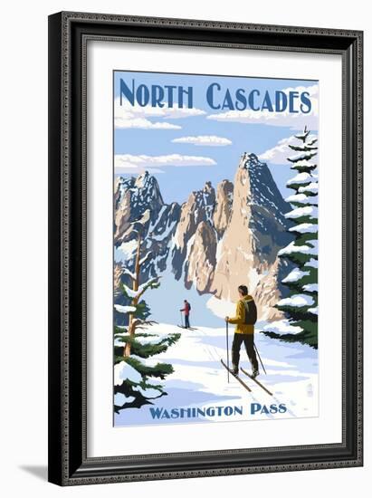 North Cascades, Washington - Cross Country Skiing-Lantern Press-Framed Art Print