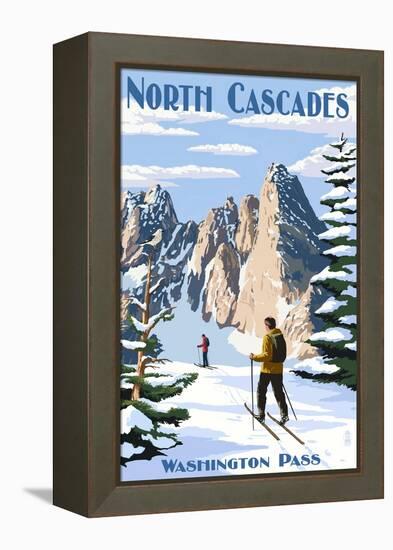 North Cascades, Washington - Cross Country Skiing-Lantern Press-Framed Stretched Canvas