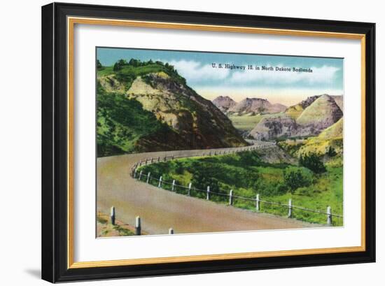 North Dakota, Scenic US Highway 10 in the Badlands, T. Roosevelt National Park-Lantern Press-Framed Art Print