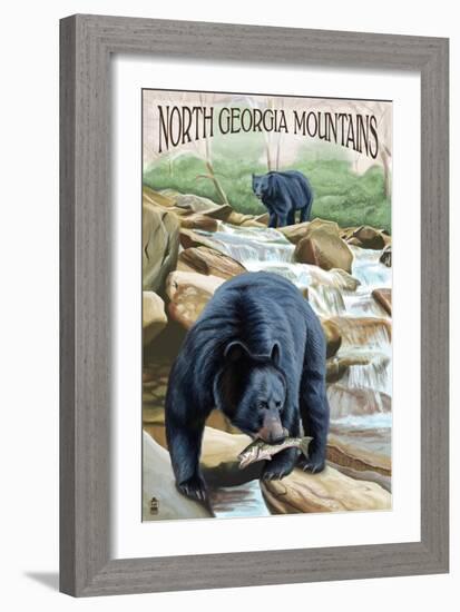 North Georgia Mountains - Black Bears Fishing-Lantern Press-Framed Art Print