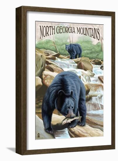 North Georgia Mountains - Black Bears Fishing-Lantern Press-Framed Art Print