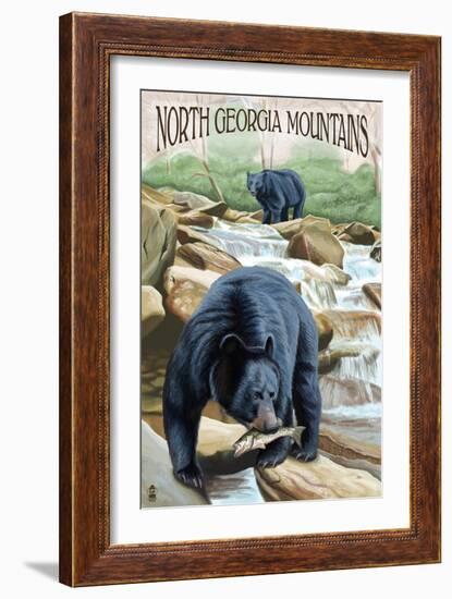 North Georgia Mountains - Black Bears Fishing-Lantern Press-Framed Art Print