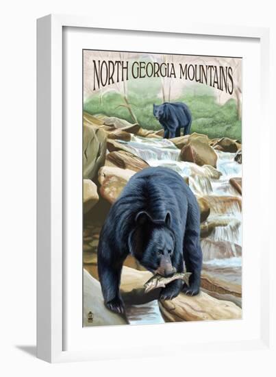 North Georgia Mountains - Black Bears Fishing-Lantern Press-Framed Art Print