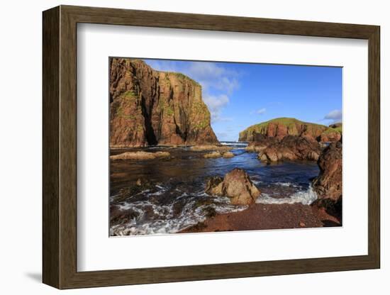 North Ham Bay, deep inlet, lichen covered red granite cliffs and stacks, seaweed, Scotland-Eleanor Scriven-Framed Photographic Print