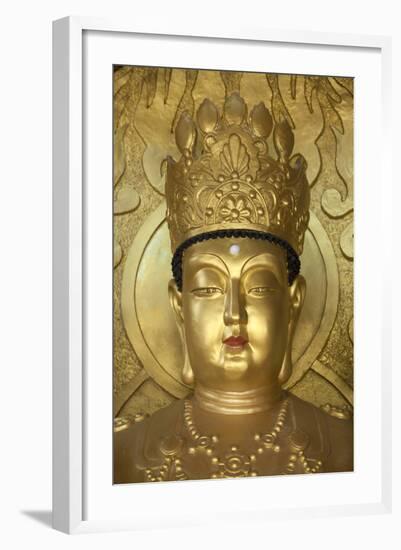 North Korea, Kaesong. a Gold Buddha at Ryongtong Temple. Founded by Chontae Buddhist Sect in 1027-Katie Garrod-Framed Photographic Print