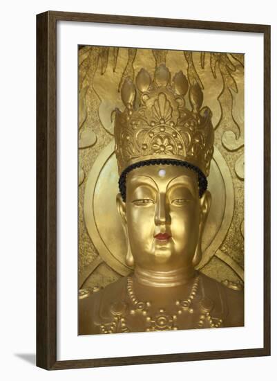 North Korea, Kaesong. a Gold Buddha at Ryongtong Temple. Founded by Chontae Buddhist Sect in 1027-Katie Garrod-Framed Photographic Print