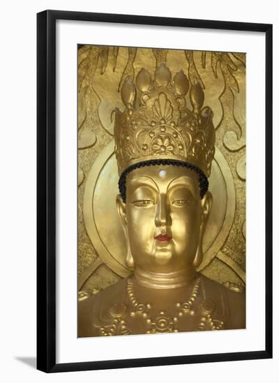 North Korea, Kaesong. a Gold Buddha at Ryongtong Temple. Founded by Chontae Buddhist Sect in 1027-Katie Garrod-Framed Photographic Print