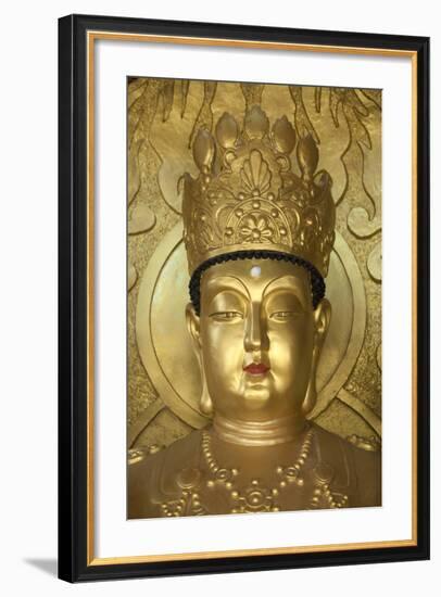 North Korea, Kaesong. a Gold Buddha at Ryongtong Temple. Founded by Chontae Buddhist Sect in 1027-Katie Garrod-Framed Photographic Print