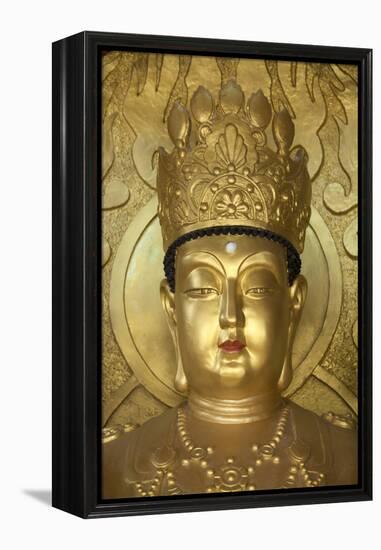 North Korea, Kaesong. a Gold Buddha at Ryongtong Temple. Founded by Chontae Buddhist Sect in 1027-Katie Garrod-Framed Premier Image Canvas