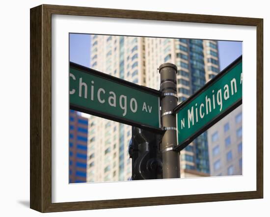 North Michigan Avenue and Chicago Avenue Signpost, the Magnificent Mile, Chicago, Illinois, USA-Amanda Hall-Framed Photographic Print