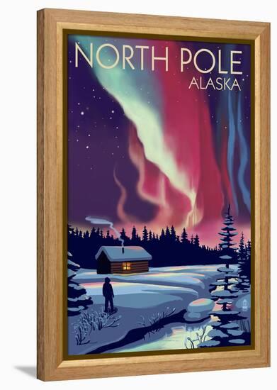 North Pole, Alaska - Northern Lights and Cabin-Lantern Press-Framed Stretched Canvas