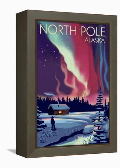 North Pole, Alaska - Northern Lights and Cabin-Lantern Press-Framed Stretched Canvas