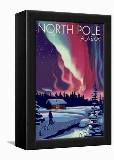 North Pole, Alaska - Northern Lights and Cabin-Lantern Press-Framed Stretched Canvas