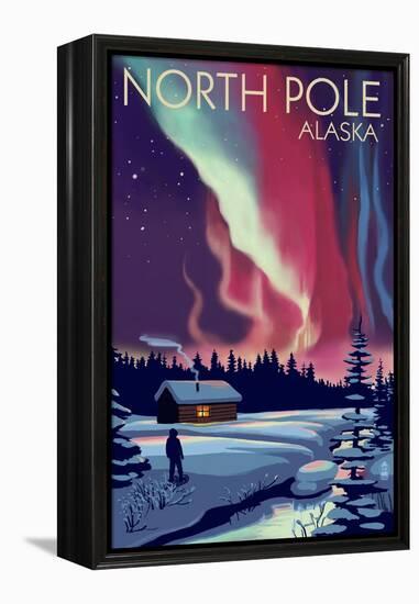 North Pole, Alaska - Northern Lights and Cabin-Lantern Press-Framed Stretched Canvas