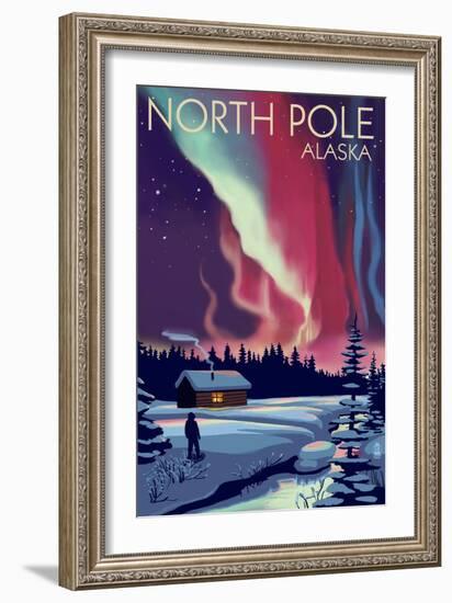 North Pole, Alaska - Northern Lights and Cabin-Lantern Press-Framed Art Print