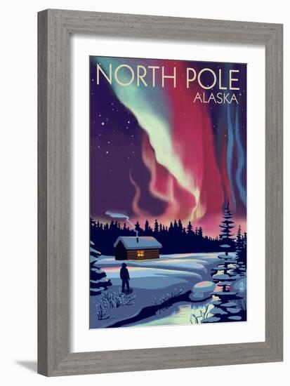 North Pole, Alaska - Northern Lights and Cabin-Lantern Press-Framed Art Print