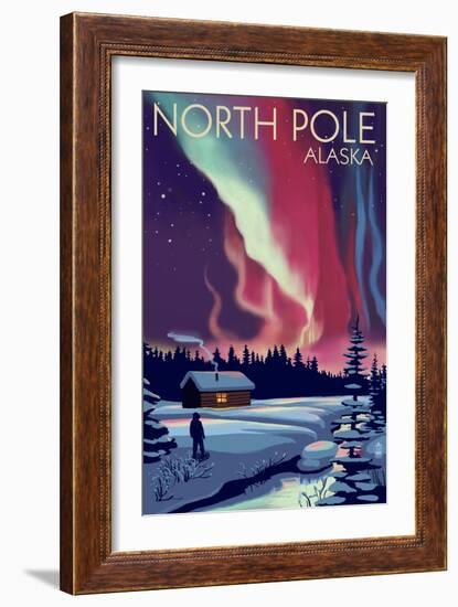 North Pole, Alaska - Northern Lights and Cabin-Lantern Press-Framed Art Print