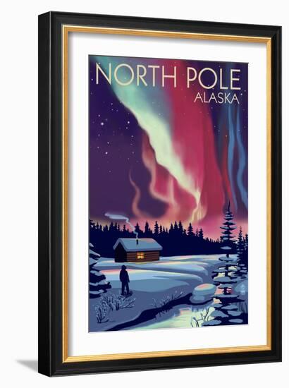 North Pole, Alaska - Northern Lights and Cabin-Lantern Press-Framed Art Print