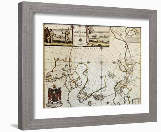 North Pole And Adjoining Lands Old Map. Created By Moses Pitt, Published In Oxford, 1680-marzolino-Framed Art Print