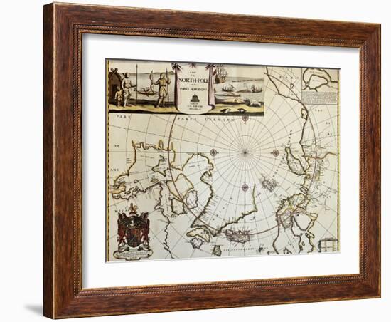 North Pole And Adjoining Lands Old Map. Created By Moses Pitt, Published In Oxford, 1680-marzolino-Framed Art Print