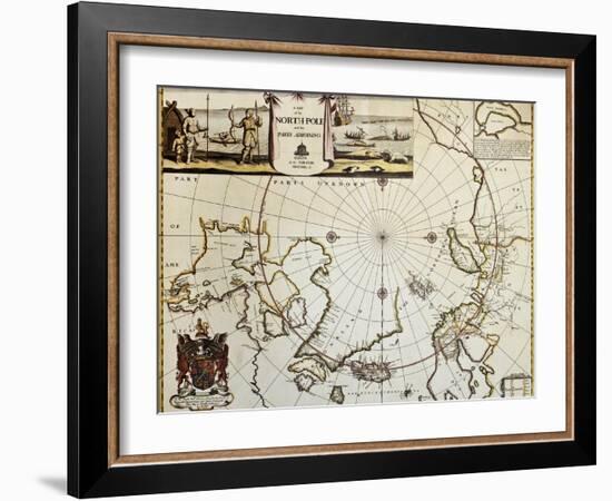 North Pole And Adjoining Lands Old Map. Created By Moses Pitt, Published In Oxford, 1680-marzolino-Framed Art Print