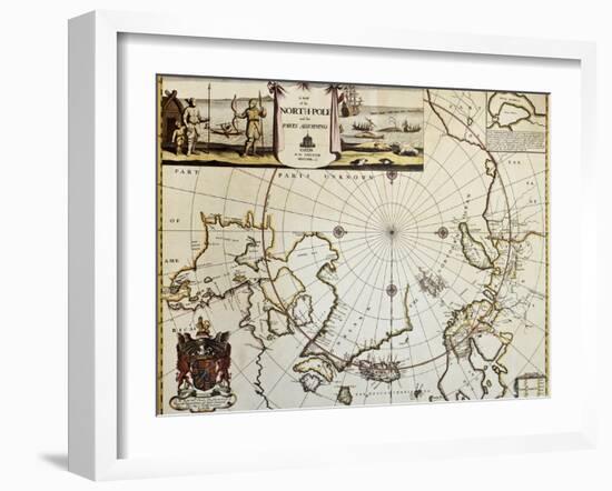 North Pole And Adjoining Lands Old Map. Created By Moses Pitt, Published In Oxford, 1680-marzolino-Framed Art Print