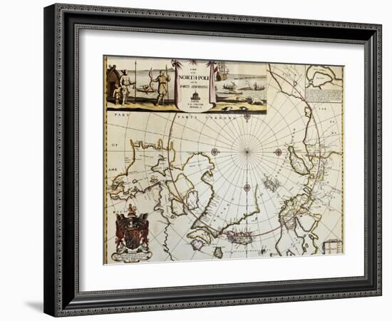 North Pole And Adjoining Lands Old Map. Created By Moses Pitt, Published In Oxford, 1680-marzolino-Framed Art Print