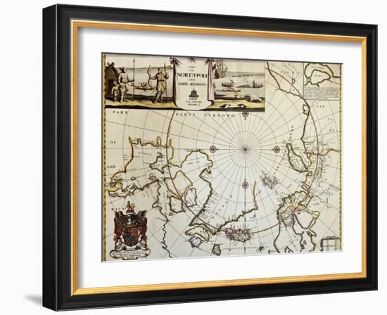 North Pole And Adjoining Lands Old Map. Created By Moses Pitt, Published In Oxford, 1680-marzolino-Framed Art Print