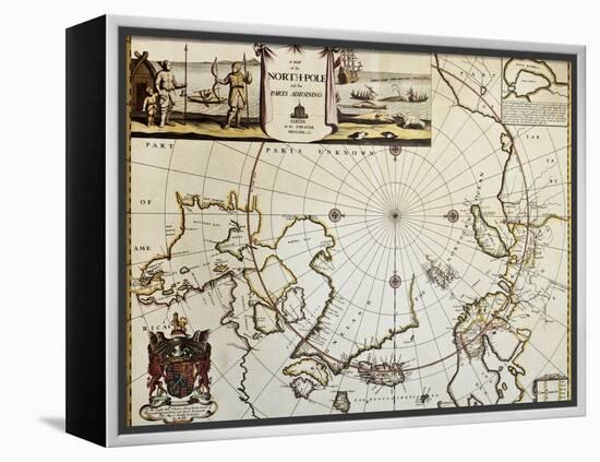 North Pole And Adjoining Lands Old Map. Created By Moses Pitt, Published In Oxford, 1680-marzolino-Framed Stretched Canvas