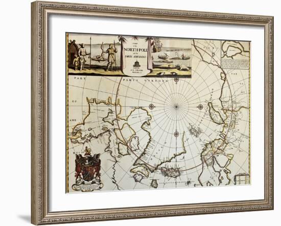 North Pole And Adjoining Lands Old Map. Created By Moses Pitt, Published In Oxford, 1680-marzolino-Framed Art Print
