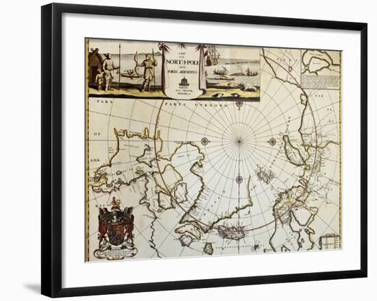 North Pole And Adjoining Lands Old Map. Created By Moses Pitt, Published In Oxford, 1680-marzolino-Framed Art Print