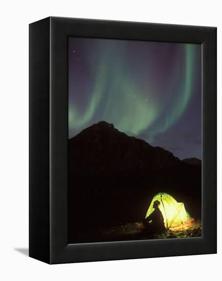 Northern Lights and Camper Outside Tent, Brooks Range, Arctic National Wildlife Refuge, Alaska, USA-Steve Kazlowski-Framed Premier Image Canvas