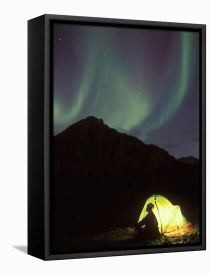 Northern Lights and Camper Outside Tent, Brooks Range, Arctic National Wildlife Refuge, Alaska, USA-Steve Kazlowski-Framed Premier Image Canvas