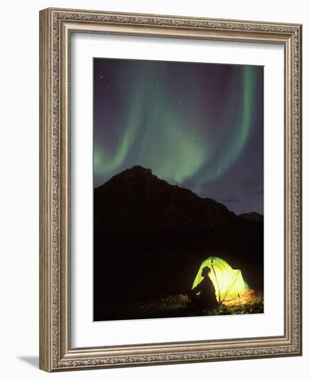 Northern Lights and Camper Outside Tent, Brooks Range, Arctic National Wildlife Refuge, Alaska, USA-Steve Kazlowski-Framed Photographic Print