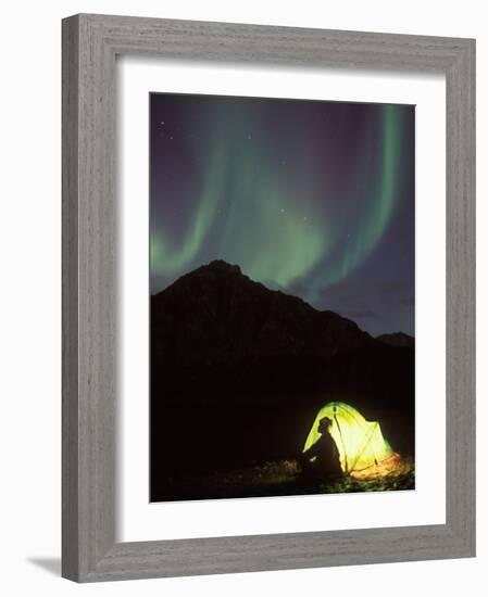 Northern Lights and Camper Outside Tent, Brooks Range, Arctic National Wildlife Refuge, Alaska, USA-Steve Kazlowski-Framed Photographic Print