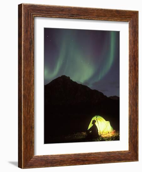 Northern Lights and Camper Outside Tent, Brooks Range, Arctic National Wildlife Refuge, Alaska, USA-Steve Kazlowski-Framed Photographic Print