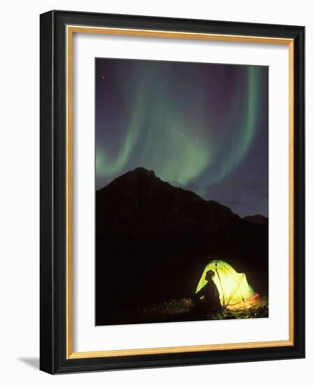 Northern Lights and Camper Outside Tent, Brooks Range, Arctic National Wildlife Refuge, Alaska, USA-Steve Kazlowski-Framed Photographic Print