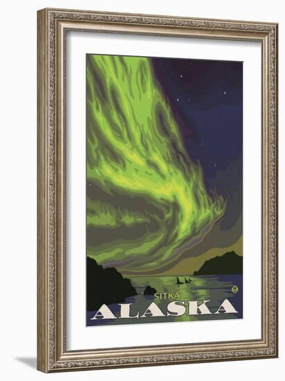 Northern Lights and Orcas, Sitka, Alaska-Lantern Press-Framed Art Print