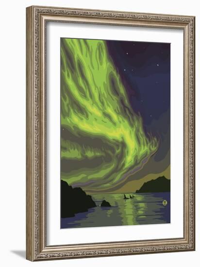 Northern Lights and Orcas-Lantern Press-Framed Art Print