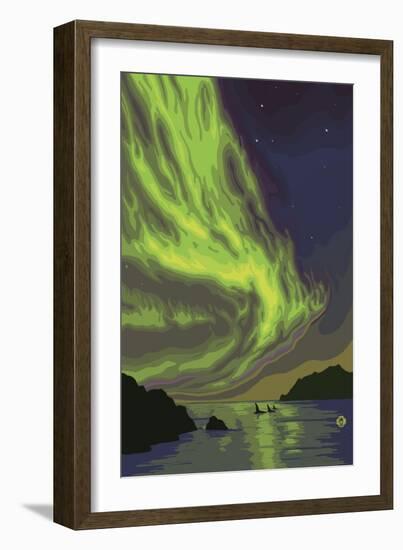 Northern Lights and Orcas-Lantern Press-Framed Art Print