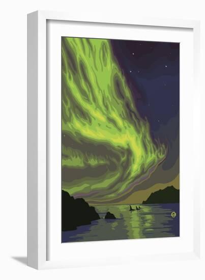 Northern Lights and Orcas-Lantern Press-Framed Art Print