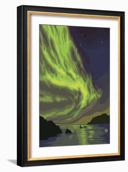 Northern Lights and Orcas-Lantern Press-Framed Art Print