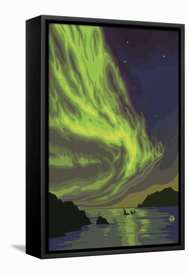 Northern Lights and Orcas-Lantern Press-Framed Stretched Canvas